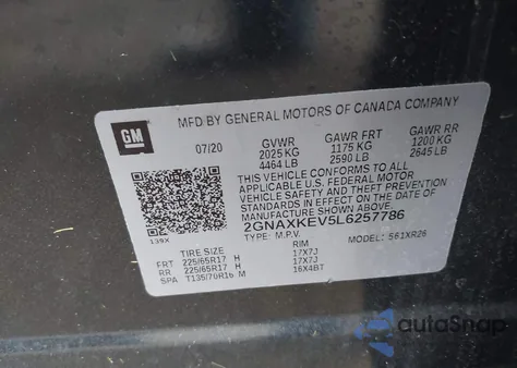 2020 Chevrolet Equinox Fwd Lt 1.5L Turbo из США, поврежденный, VIN 2GNAXKEV5L6257786